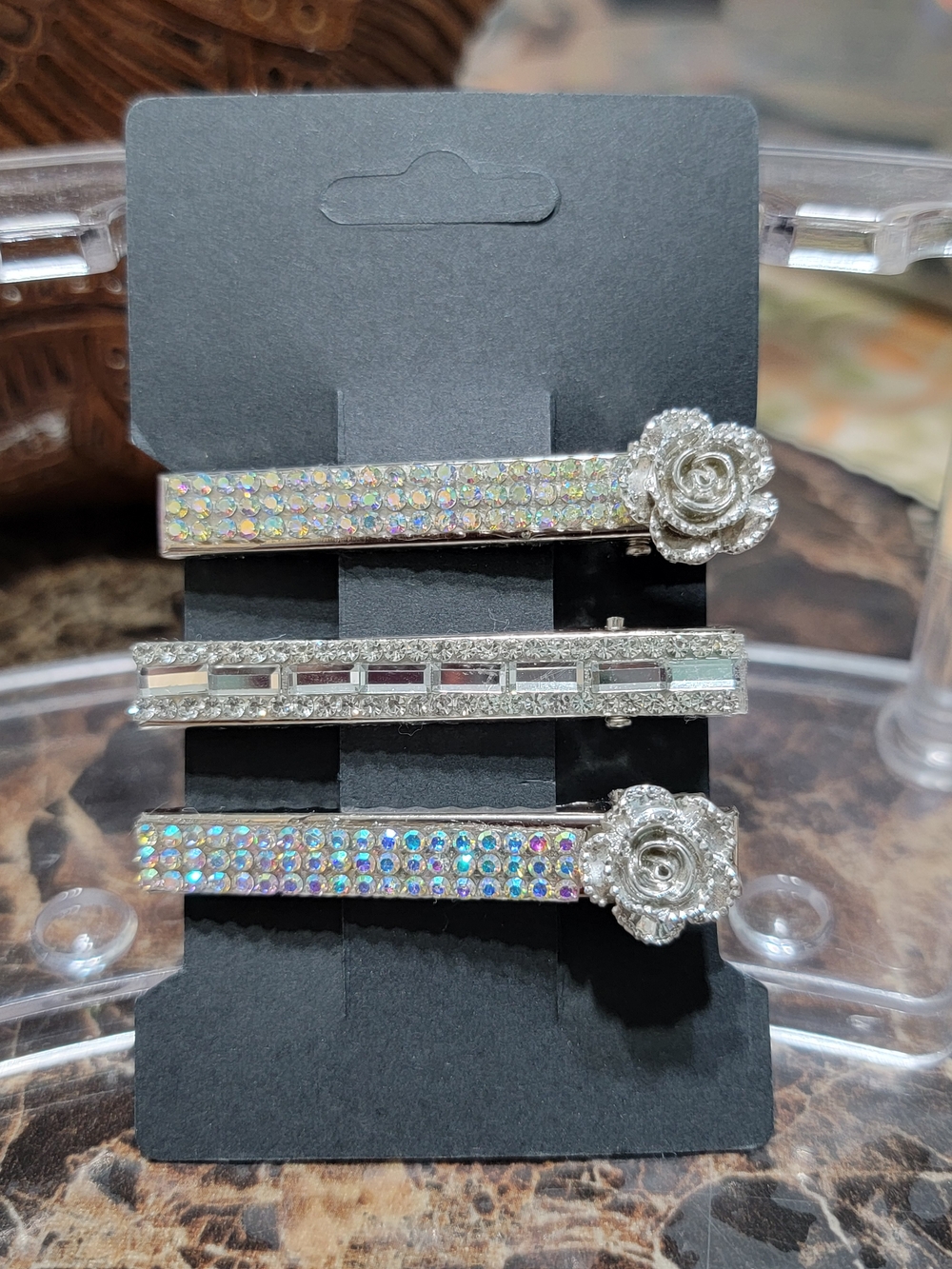 Silver Rhinestone Flower Hair Clips - Set of 3